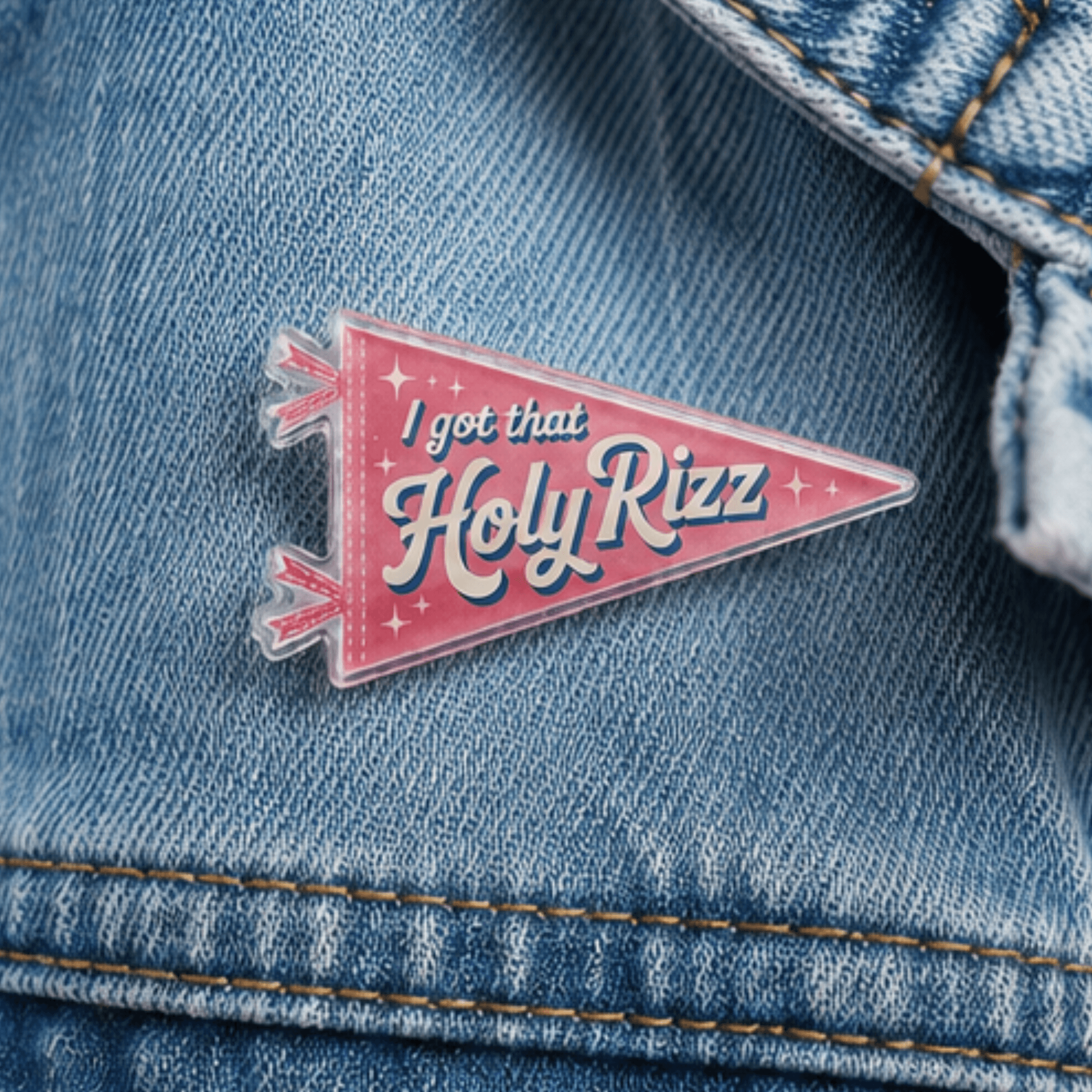Holy Rizz Camp Believers pennant pin on denim jacket, Holy Smoak Studios wholesale faith accessories for Christian retailers