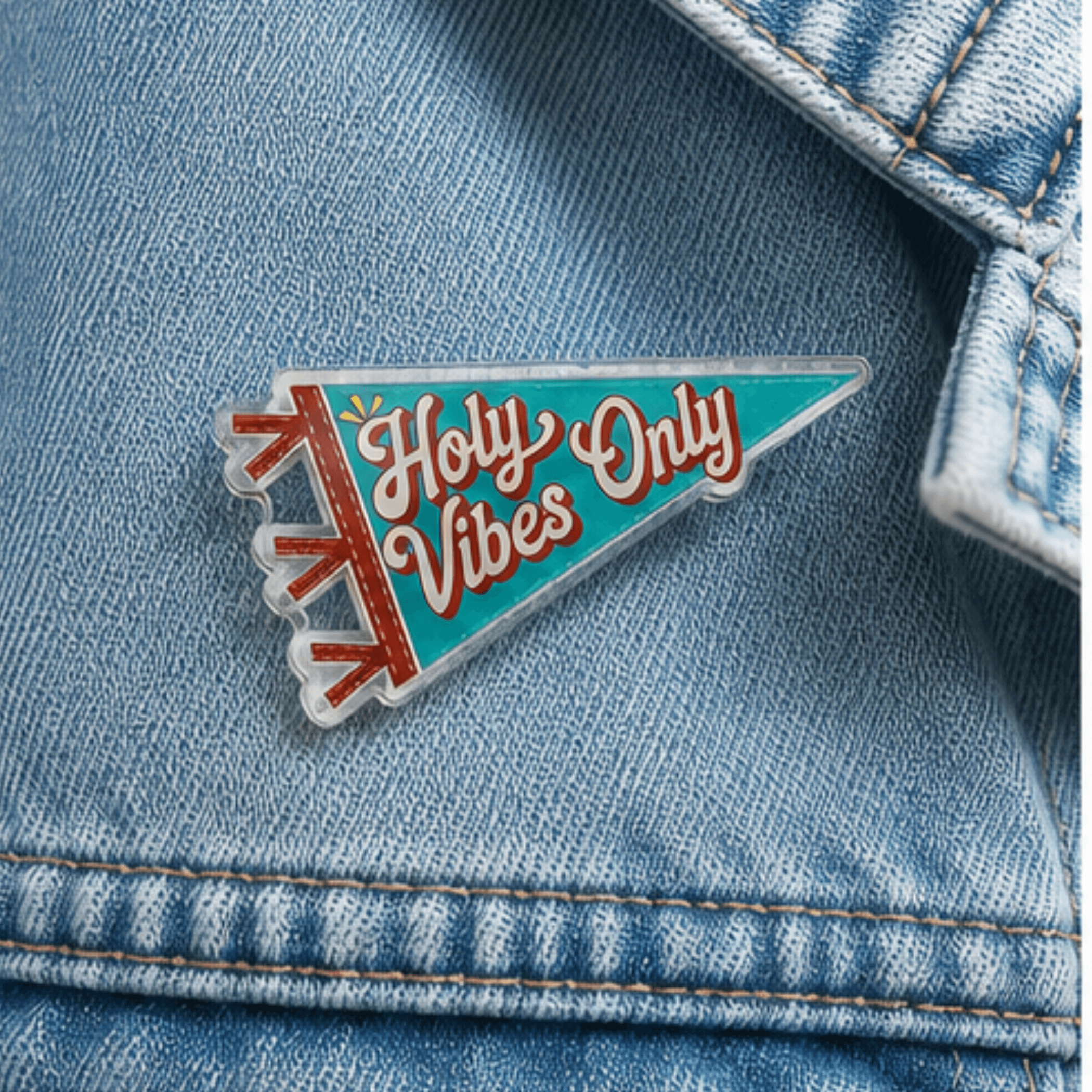 Holy Vibes Only Camp Believers pennant pin on denim jacket, Holy Smoak Studios wholesale faith accessories for Christian retailers