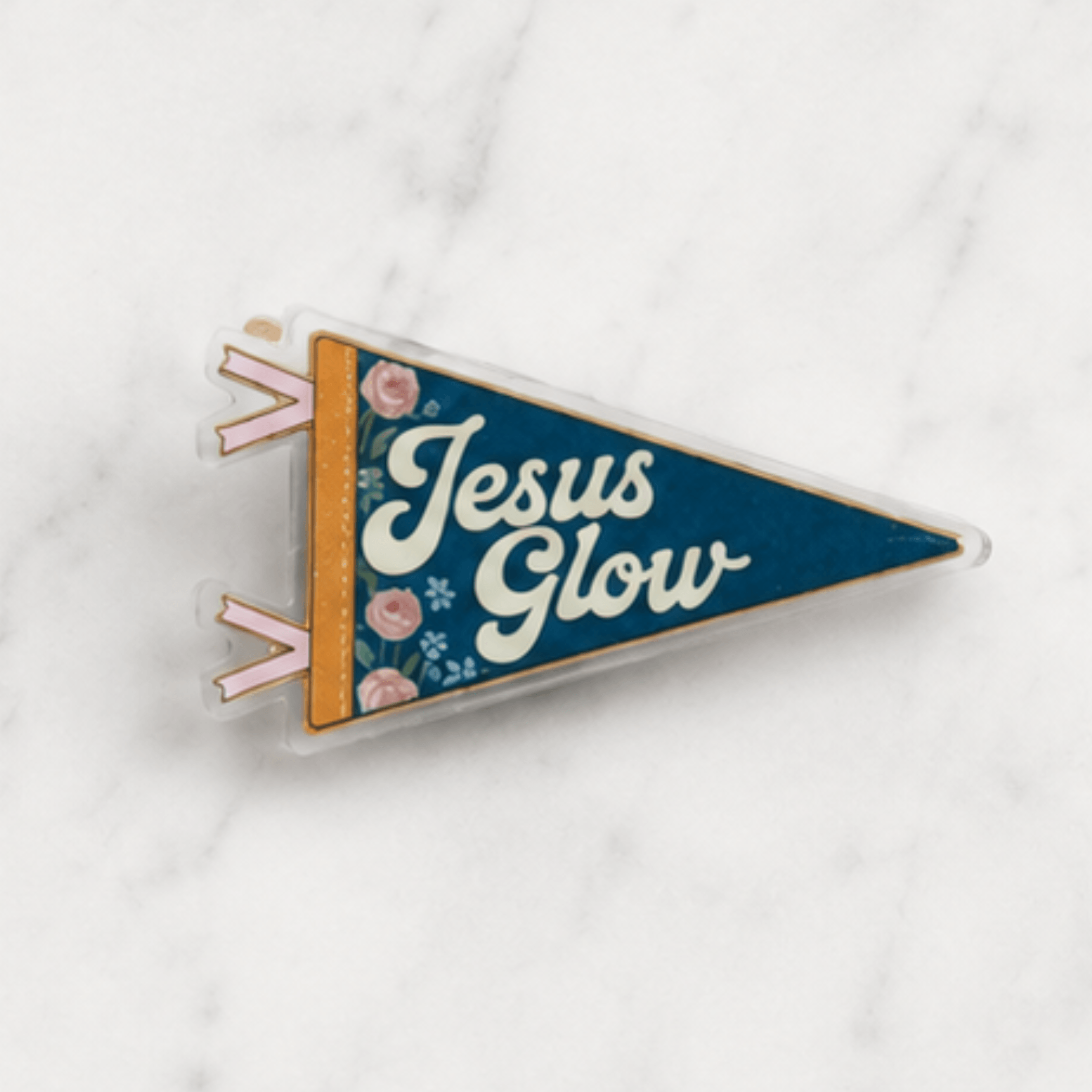 Jesus Glow acrylic pennant pin isolated on colored background, Camp Believers Holy Smoak Studios wholesale collectible