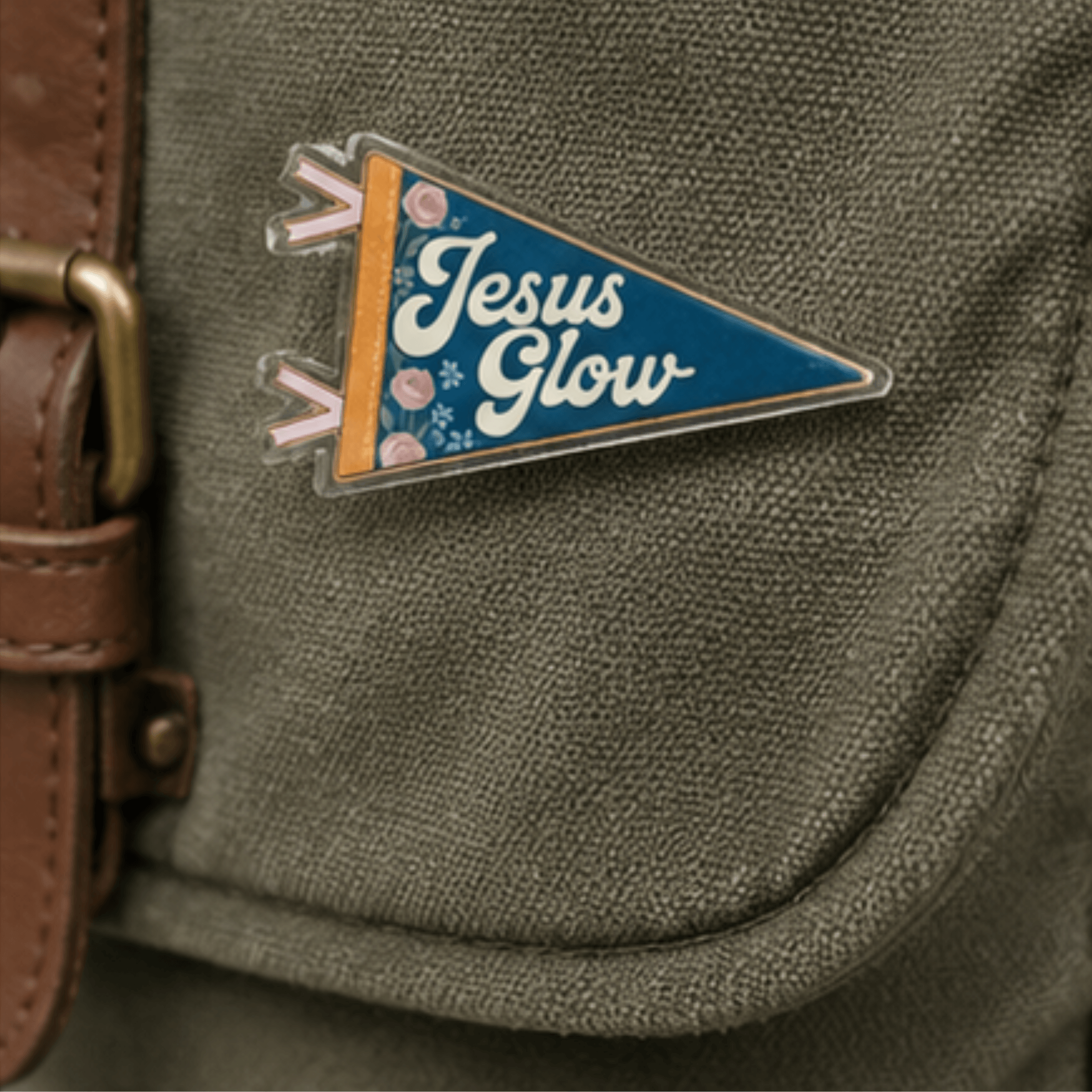 Jesus Glow pennant pin on backpack, Camp Believers Holy Smoak Studios wholesale Christian gift and accessory