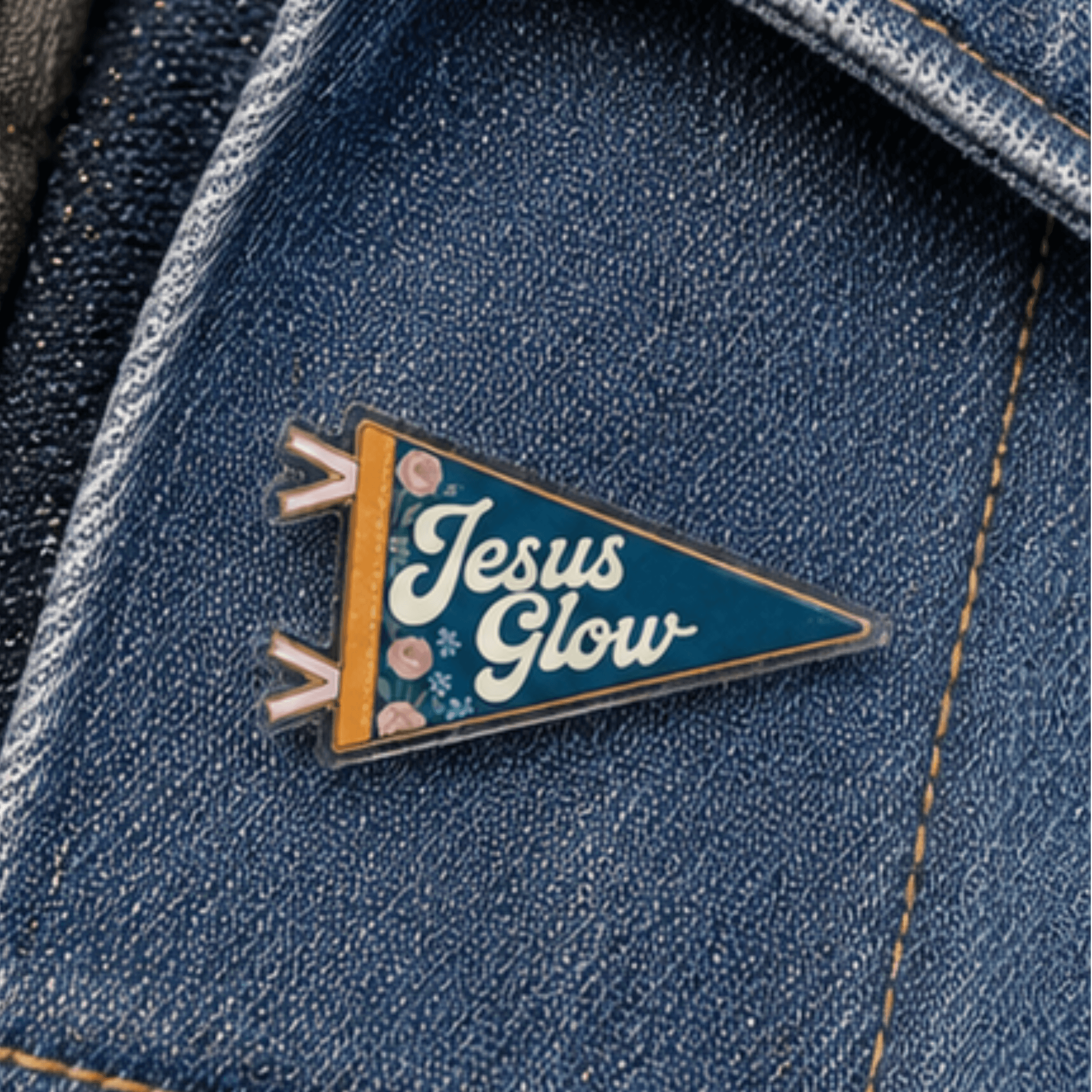 Jesus Glow Camp Believers pennant pin on denim jacket, Holy Smoak Studios wholesale faith accessories for Christian retailers
