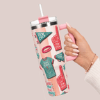 Pew Crew Camp Believers 40oz tumbler pink handle held in hand, Holy Smoak Studios wholesale faith gift
