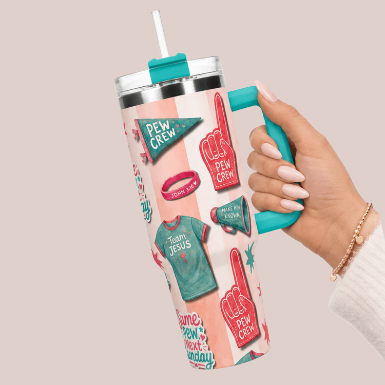 Pew Crew Camp Believers 40oz tumbler teal handle held in hand, Holy Smoak Studios wholesale faith gift