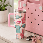 Holy Smoak Studios Pew Crew 40oz tumbler lifestyle display pink handle, Camp Believers wholesale Christian gift