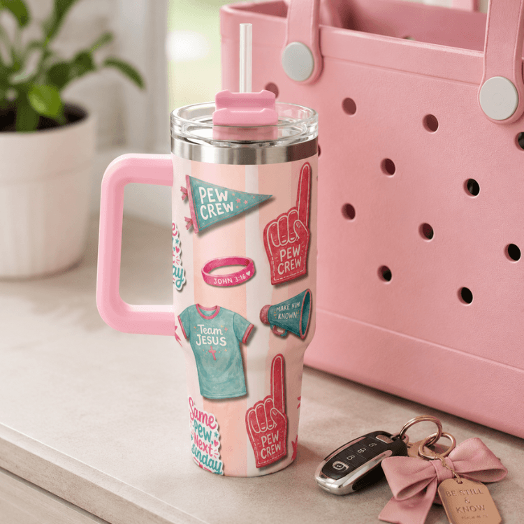 Holy Smoak Studios Pew Crew 40oz tumbler lifestyle display pink handle, Camp Believers wholesale Christian gift