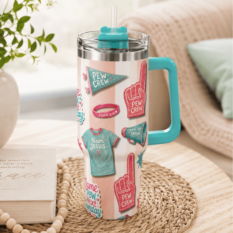 Holy Smoak Studios Pew Crew 40oz tumbler lifestyle display teal handle, Camp Believers wholesale Christian gift
