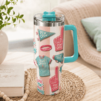 Holy Smoak Studios Pew Crew 40oz tumbler lifestyle display teal handle, Camp Believers wholesale Christian gift