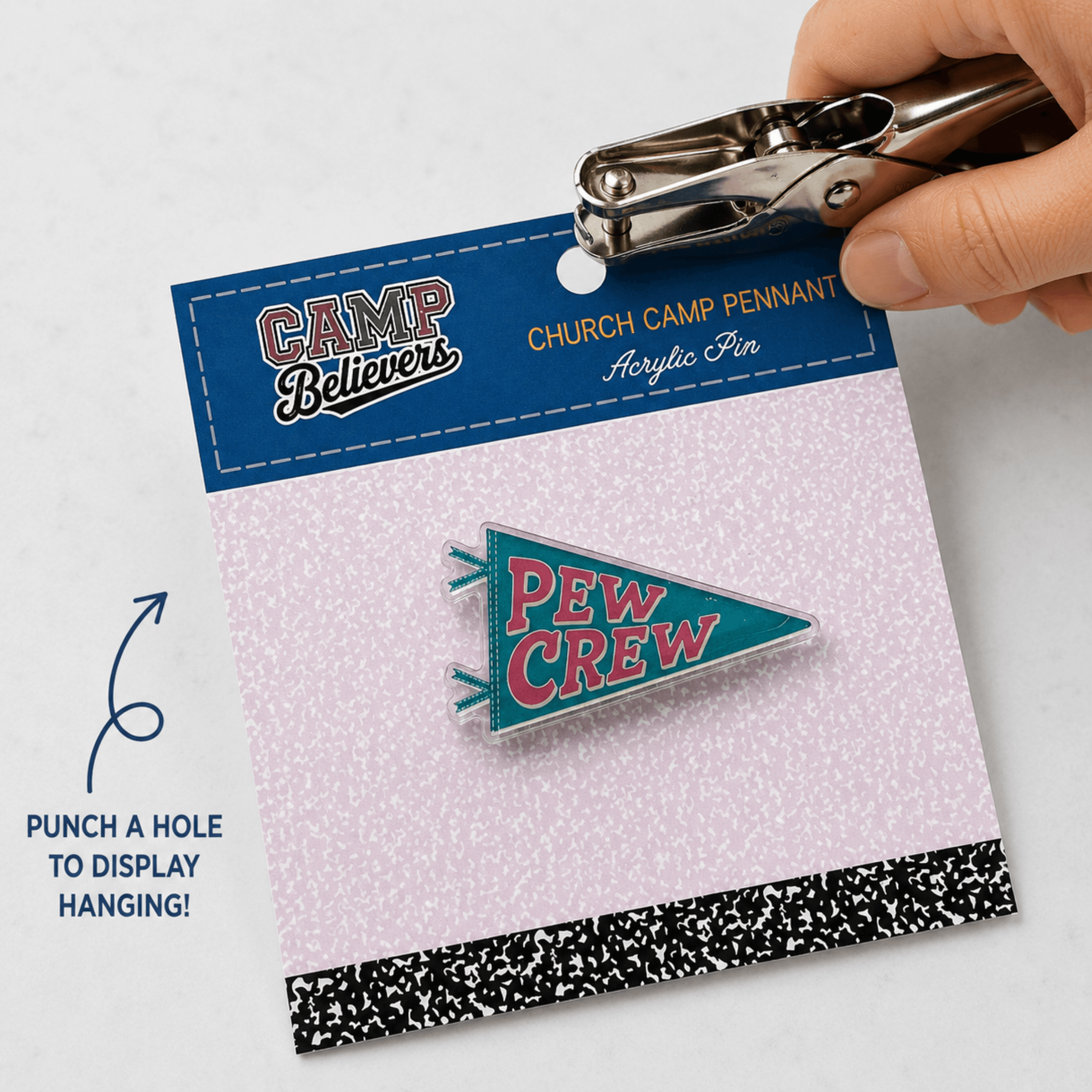 Pew Crew Camp Believers acrylic pennant pin punch hole peg display, Holy Smoak Studios retail merchandising