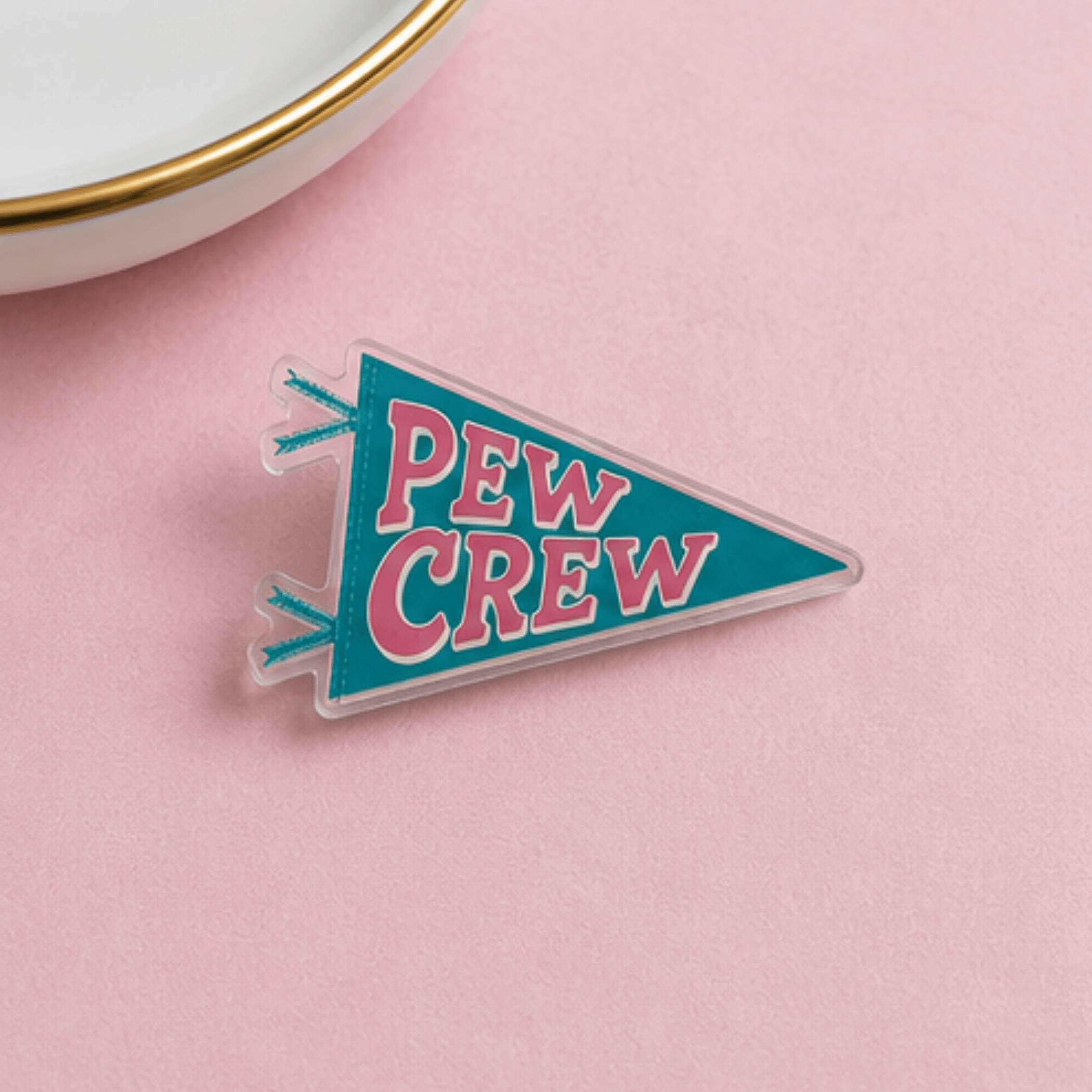 Pew Crew acrylic pennant pin isolated on colored background, Camp Believers Holy Smoak Studios wholesale collectible