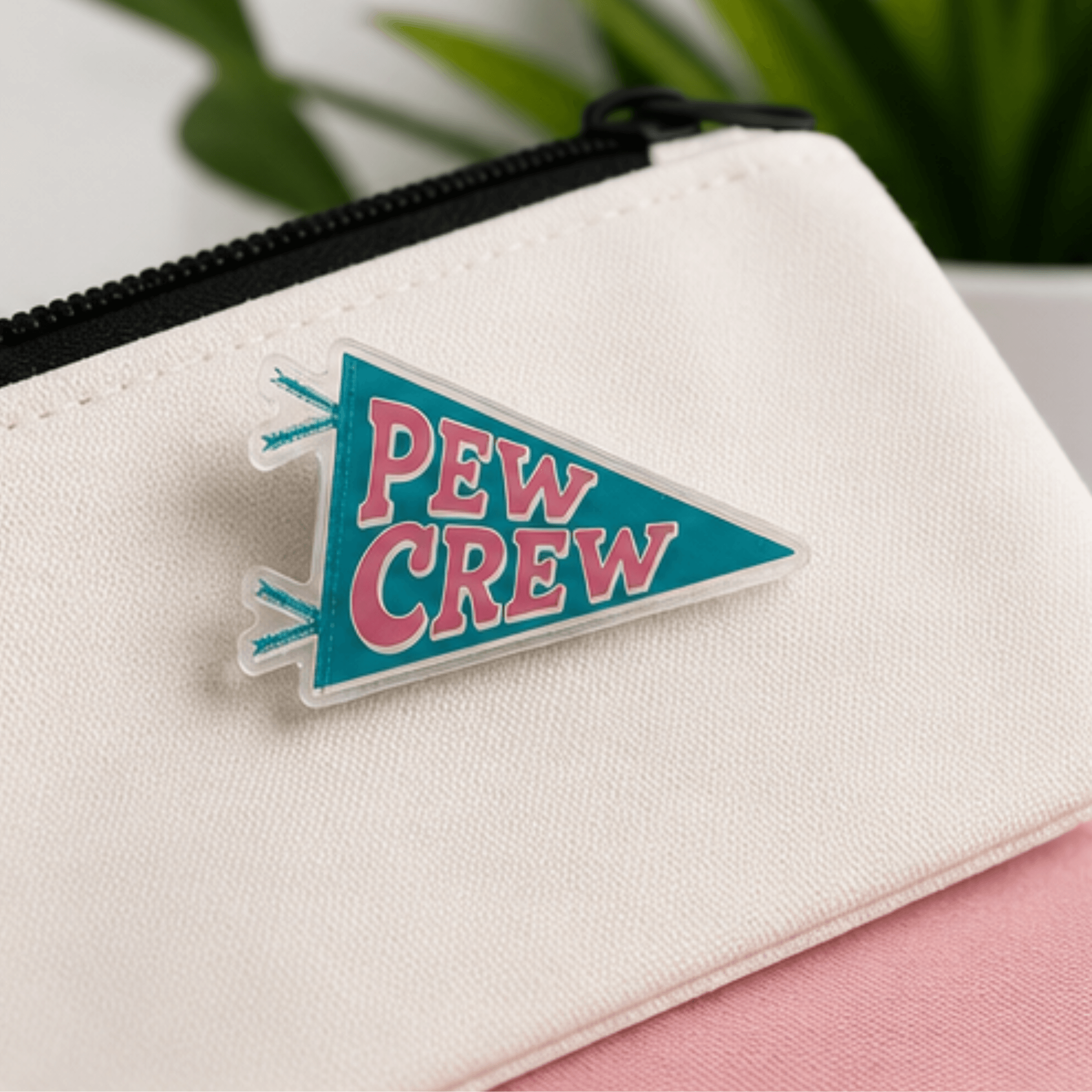 Pew Crew pennant pin on zipper bag, Camp Believers Holy Smoak Studios wholesale Christian gift and accessory