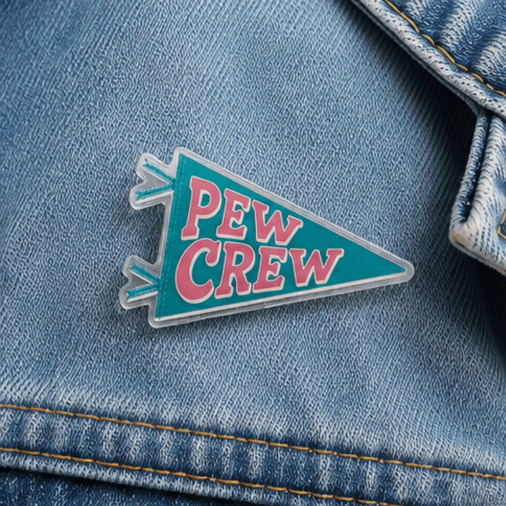 Pew Crew Camp Believers pennant pin on denim jacket, Holy Smoak Studios wholesale faith accessories for Christian retailers