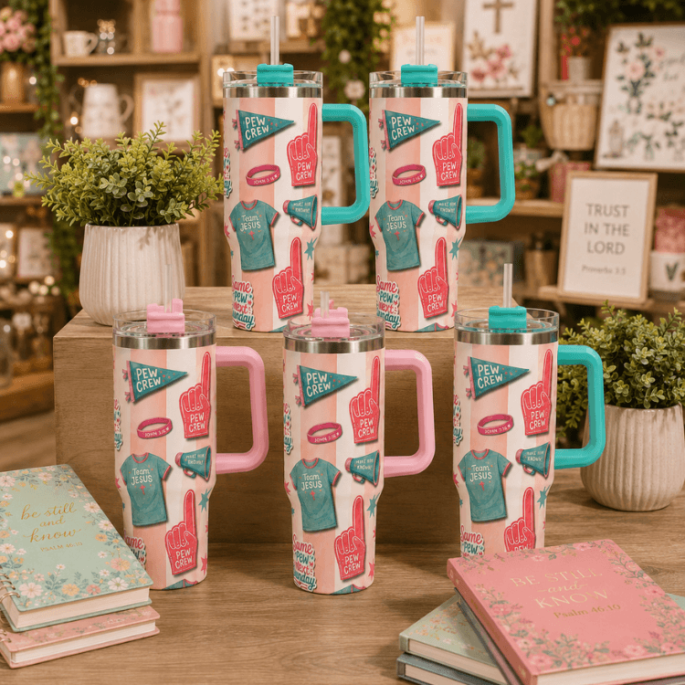 Camp Believers 40oz tumbler full collection display in retail setting, Holy Smoak Studios wholesale Christian giftware