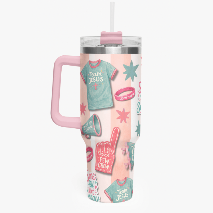 Holy Smoak Studios Pew Crew Camp Believers 40oz tumbler pink handle, wholesale Christian faith lifestyle drinkware
