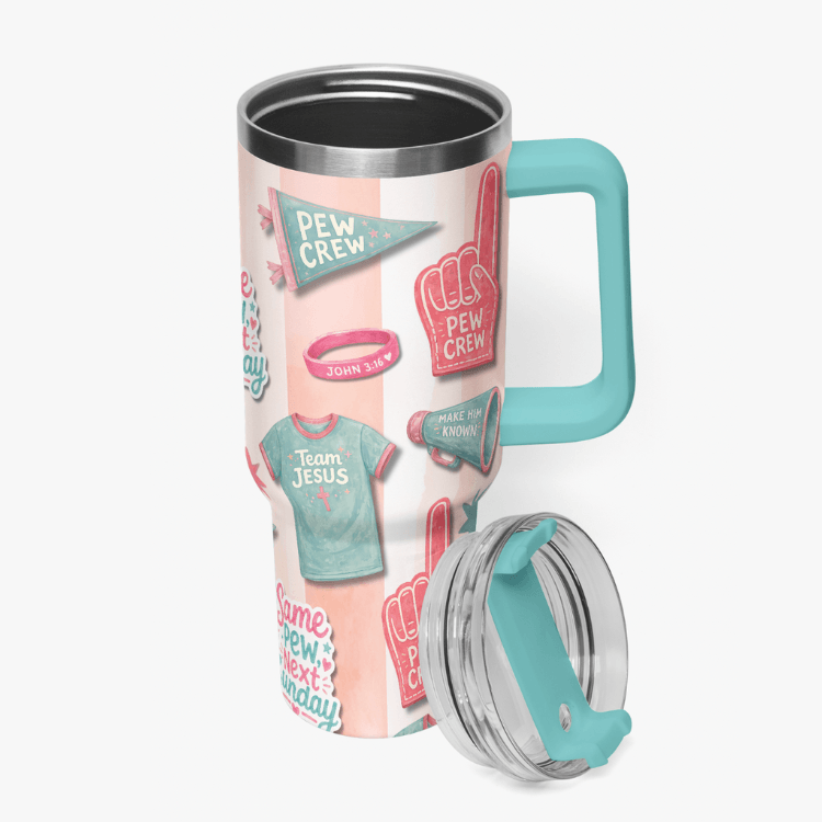 Holy Smoak Studios Pew Crew Camp Believers 40oz tumbler teal handle, wholesale Christian faith lifestyle drinkware