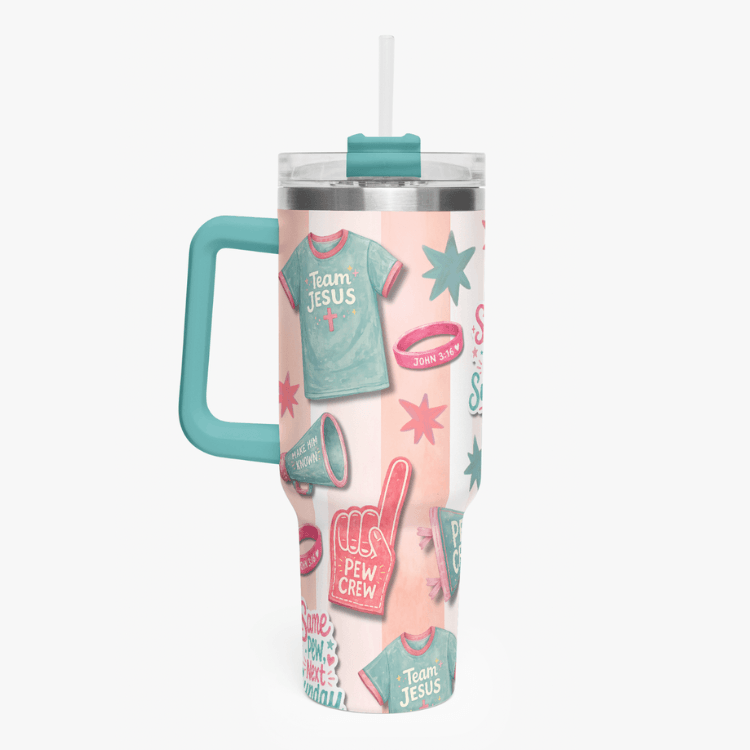 Holy Smoak Studios Pew Crew Camp Believers 40oz tumbler teal handle, wholesale Christian faith lifestyle drinkware