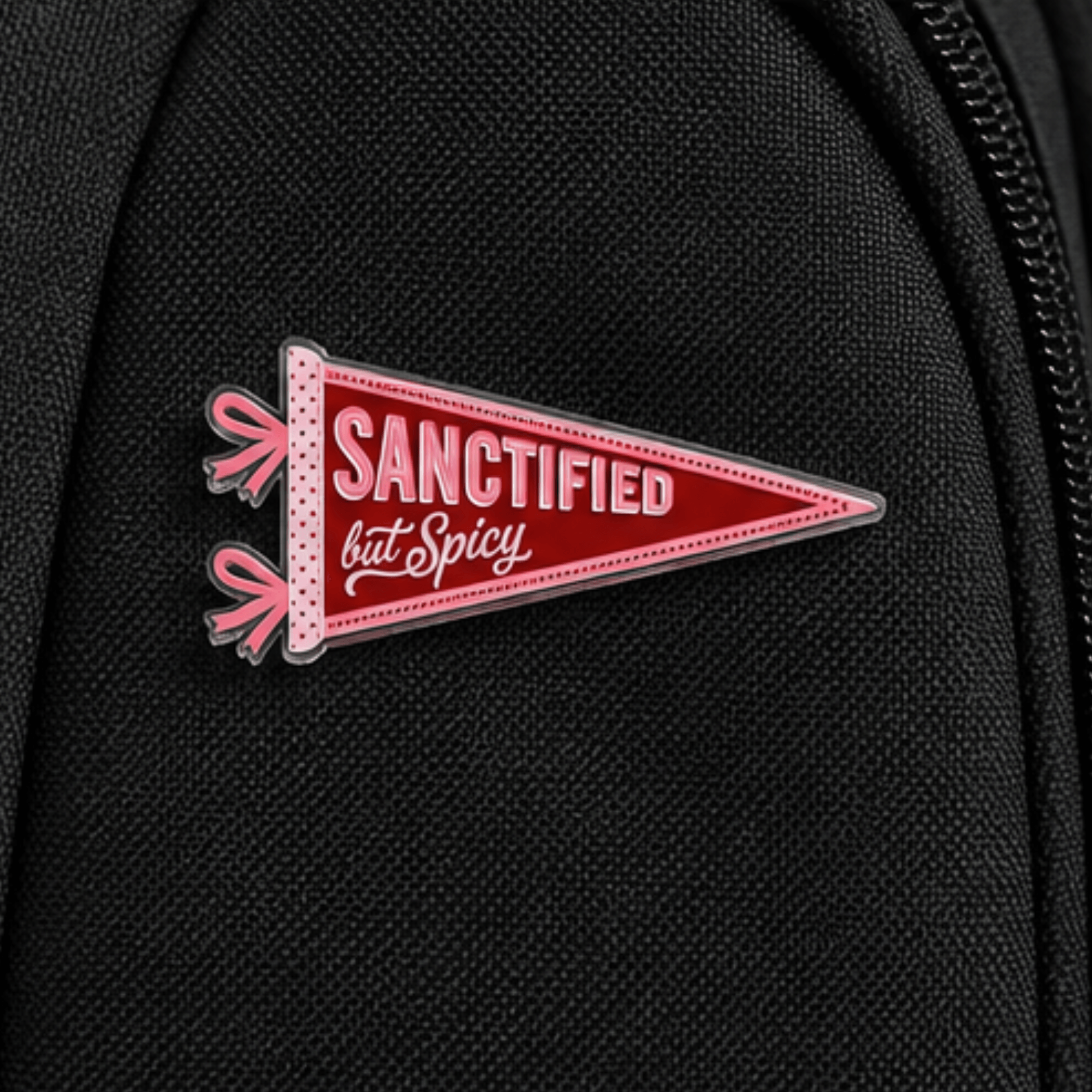 Sanctified but Spicy pennant pin on backpack, Camp Believers Holy Smoak Studios wholesale Christian gift and accessory