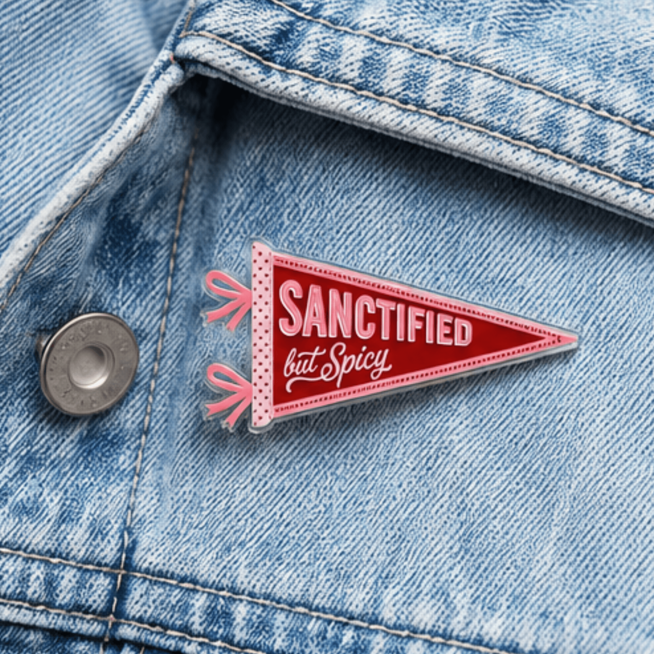 Sanctified but Spicy Camp Believers pennant pin on denim jacket, Holy Smoak Studios wholesale faith accessories for Christian retailers