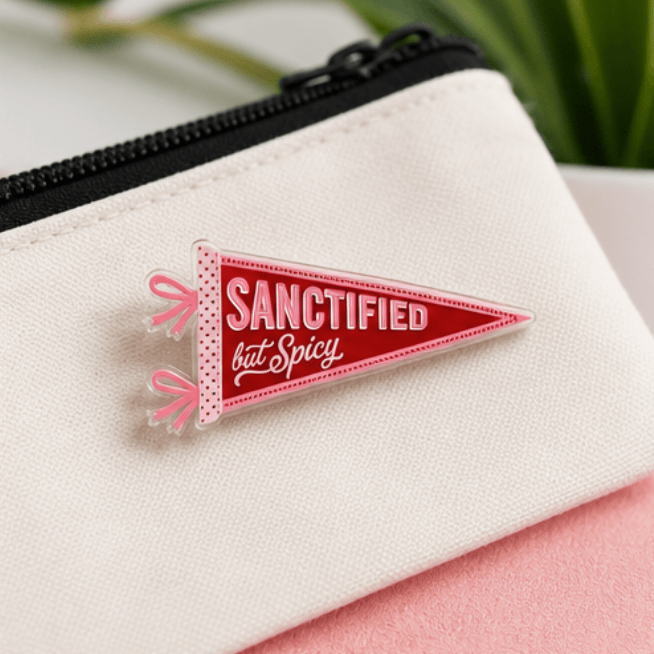 Sanctified but Spicy pennant pin on zipper bag, Camp Believers Holy Smoak Studios wholesale Christian gift and accessory