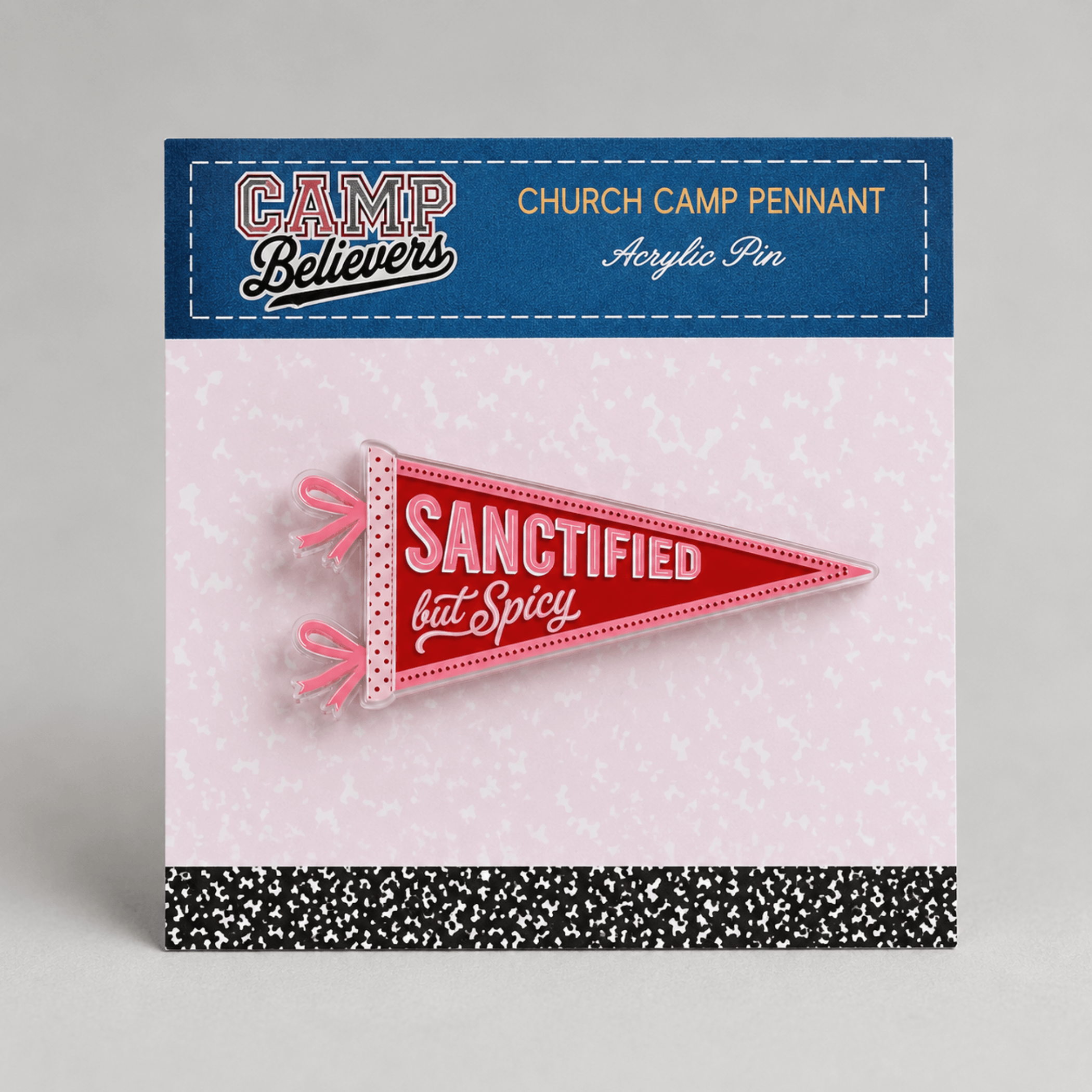 Pew Crew Camp Believers acrylic pin on surface lifestyle shot, Holy Smoak Studios wholesale faith-based gift