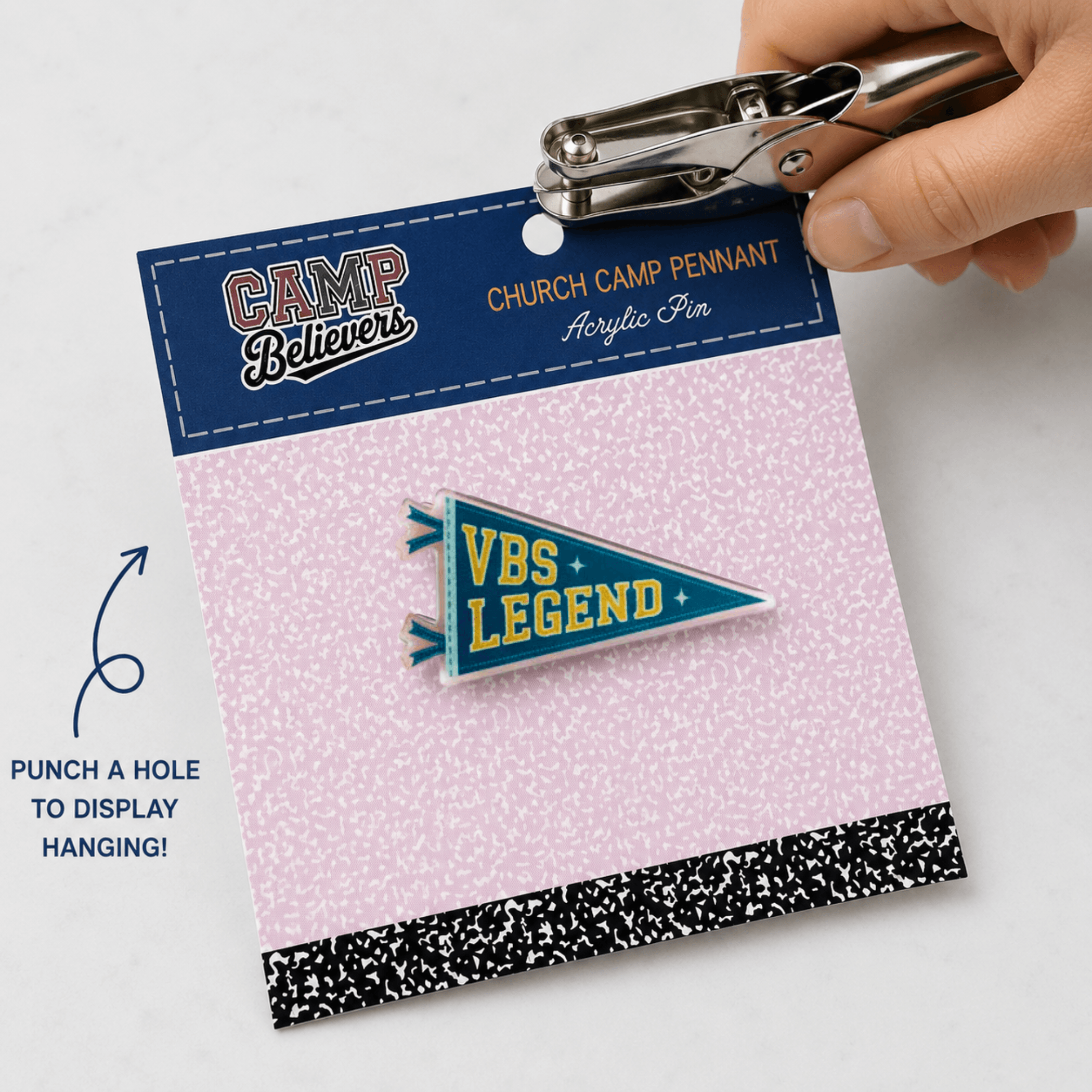 VBS Legend Camp Believers acrylic pennant pin punch hole peg display, Holy Smoak Studios retail merchandising