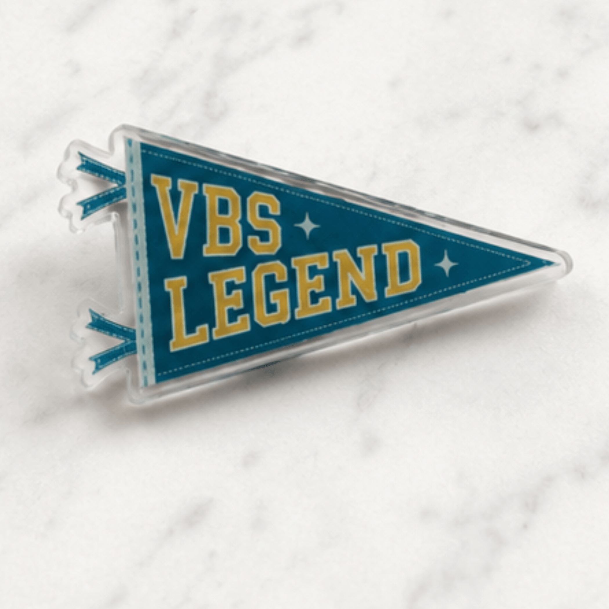 VBS Legend acrylic pennant pin isolated on colored background, Camp Believers Holy Smoak Studios wholesale collectible