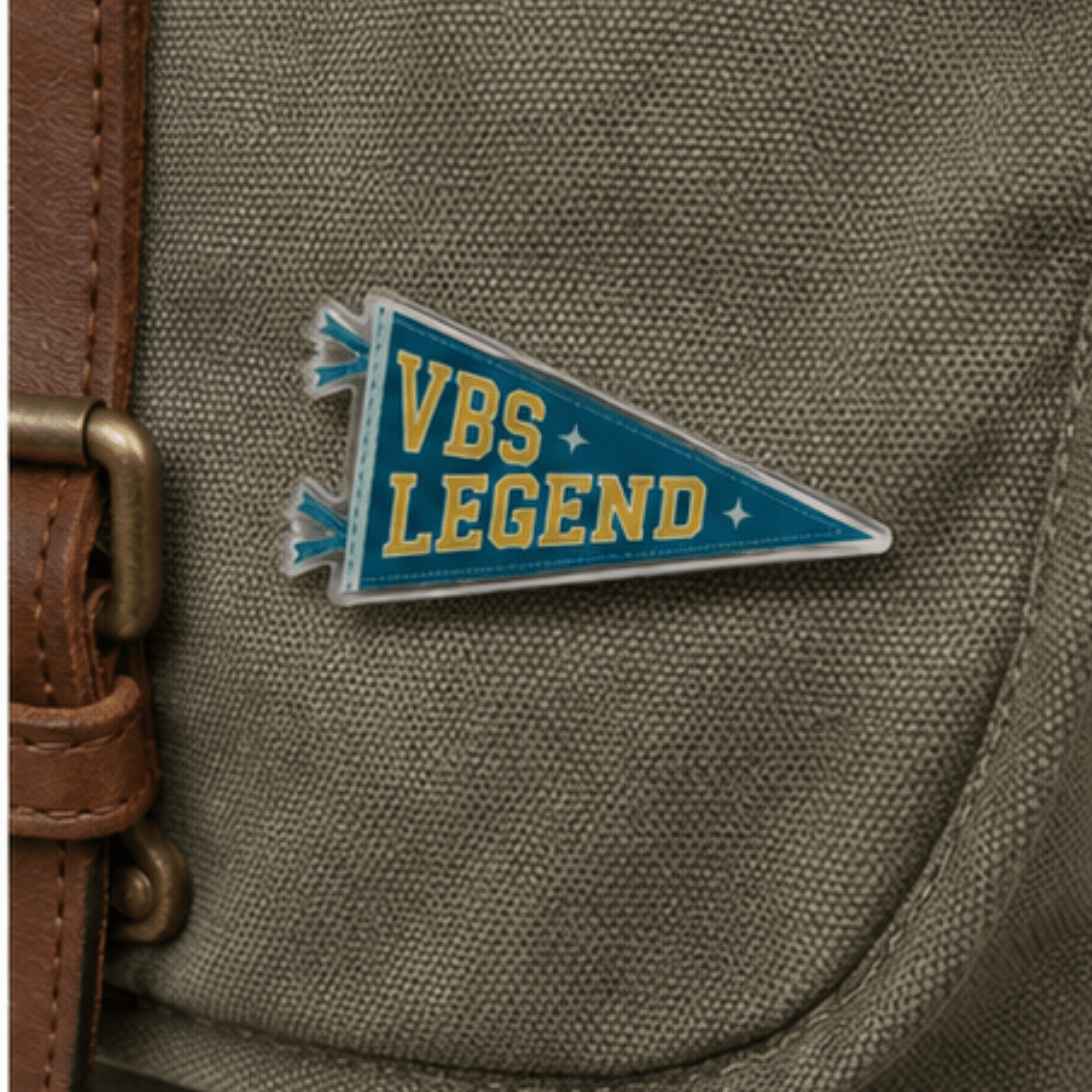 VBS Legend pennant pin on backpack, Camp Believers Holy Smoak Studios wholesale Christian gift and accessory