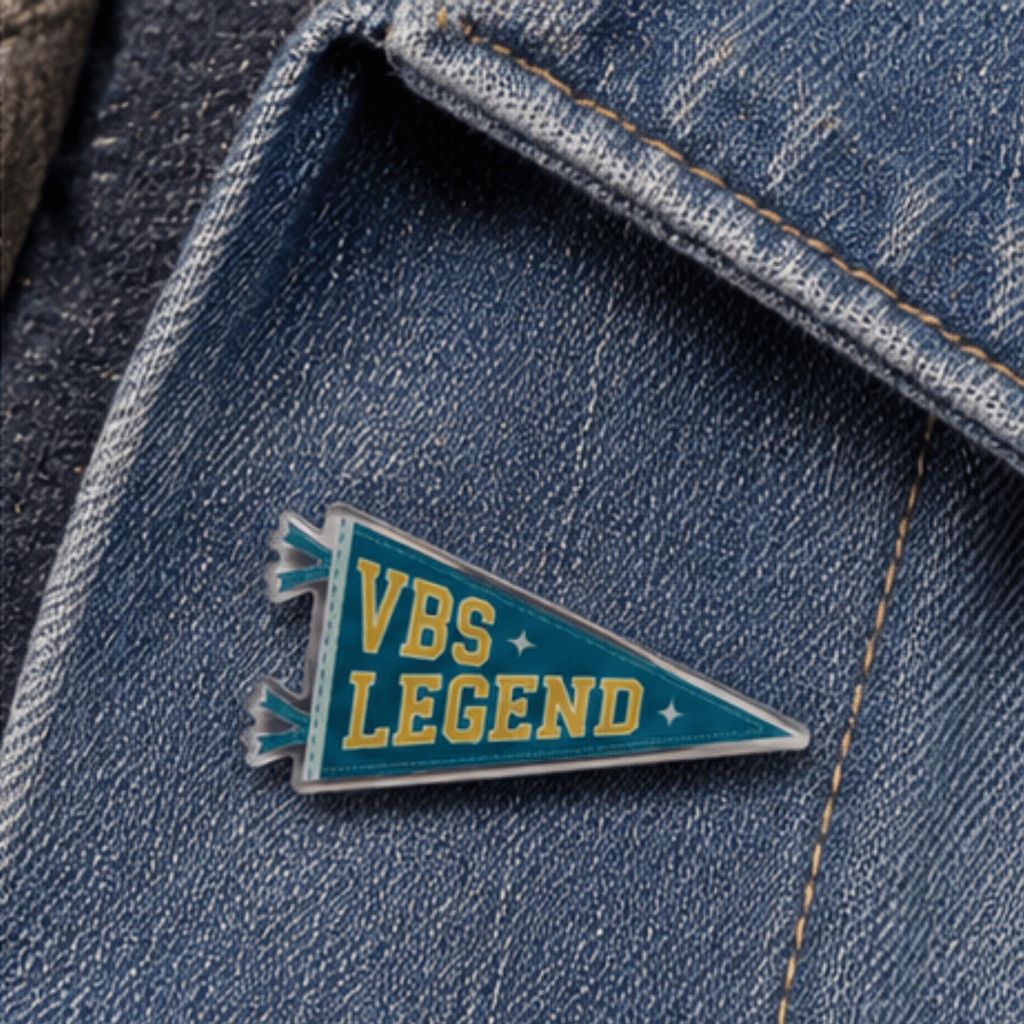 VBS Legend Camp Believers pennant pin on denim jacket, Holy Smoak Studios wholesale faith accessories for Christian retailers