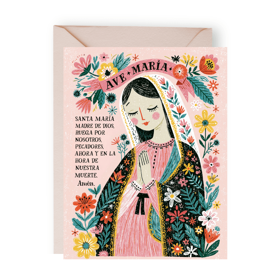 Ave Maria folk art greeting card detail, Faith Folklorico collection, Holy Smoak Studios wholesale