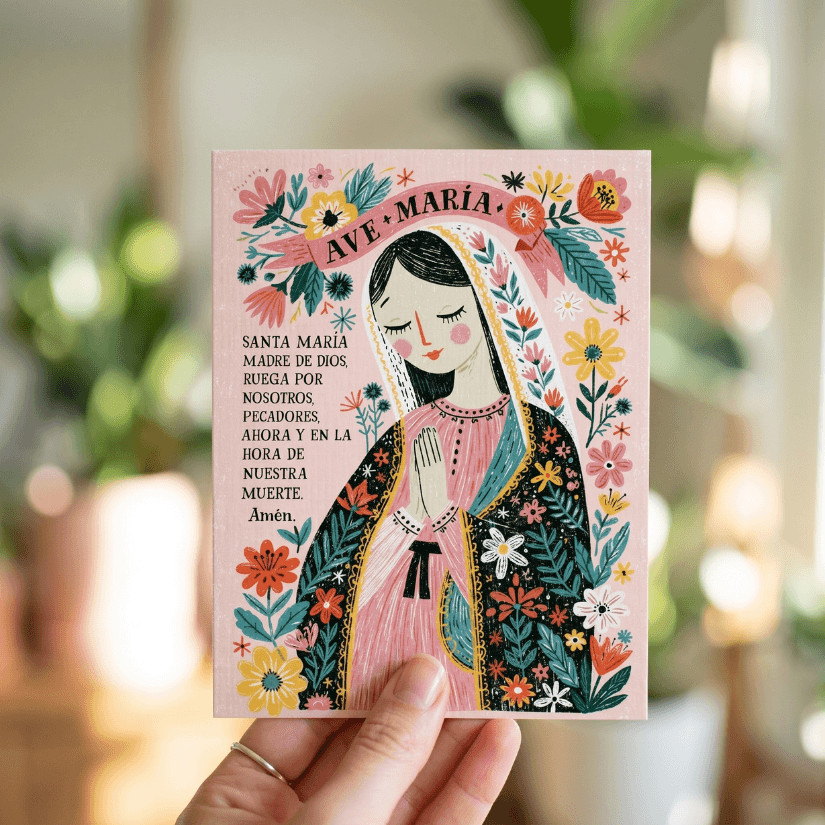 Holy Smoak Studios Ave Maria Faith Folklorico greeting card, folk art Catholic wholesale gift, 5x7 inches