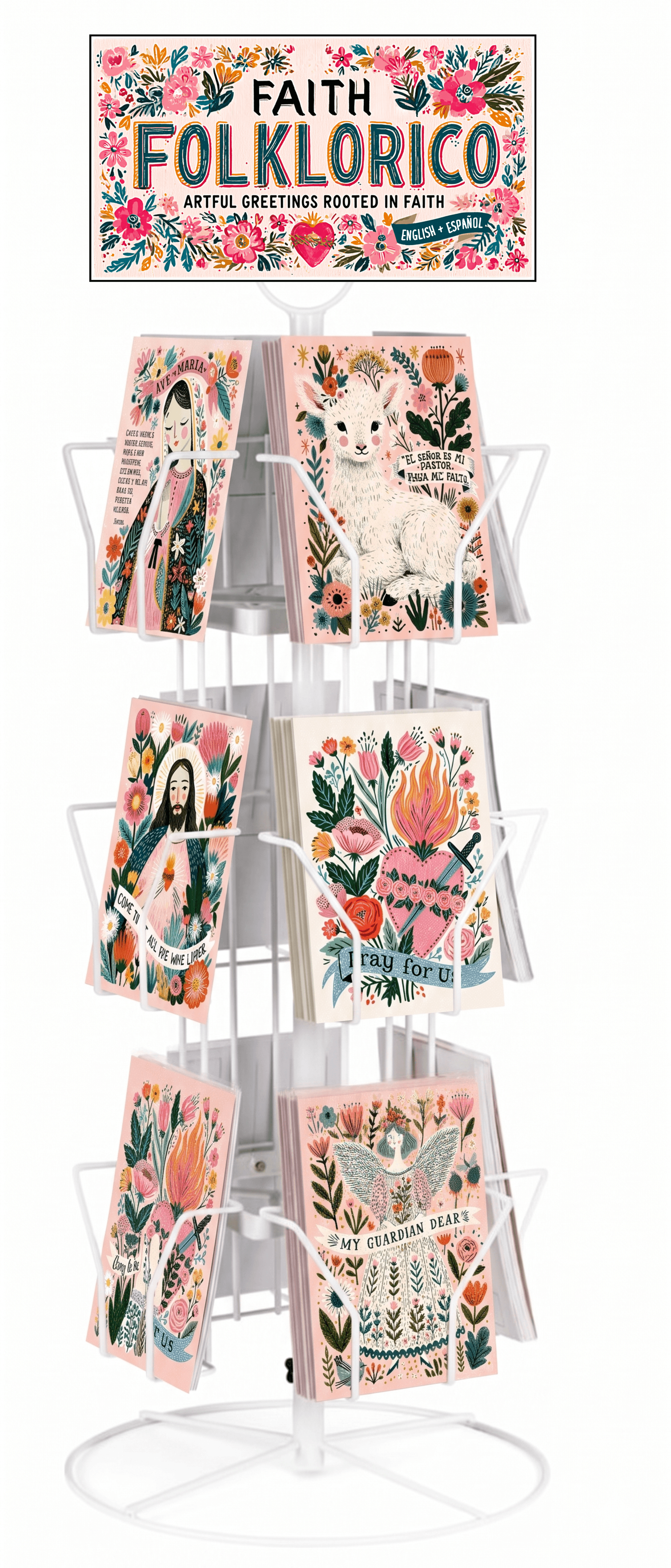 Holy Smoak Studios Faith Folklorico collection display for cards, retailer display stand, wholesale Catholic gift