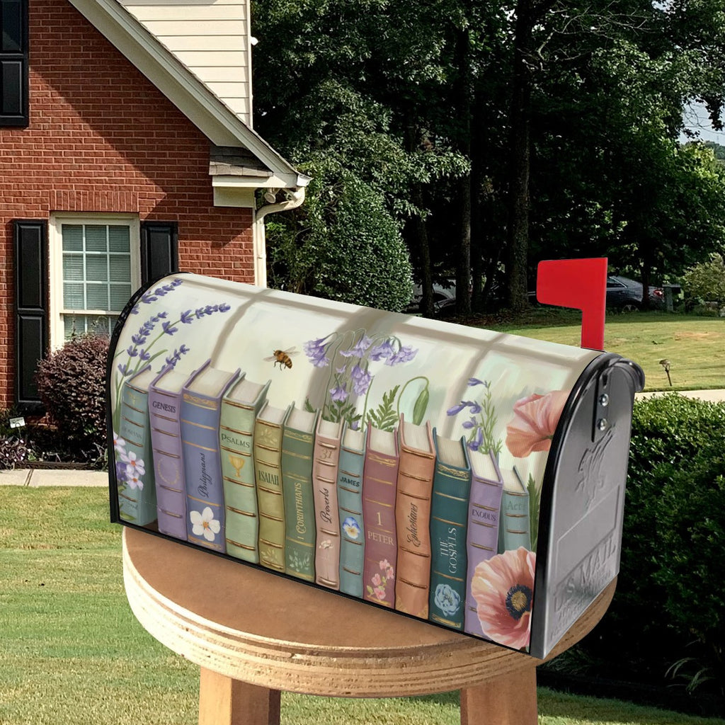 Books of the Bible colorful bookshelf mailbox cover outside view, Holy Smoak Studios wholesale