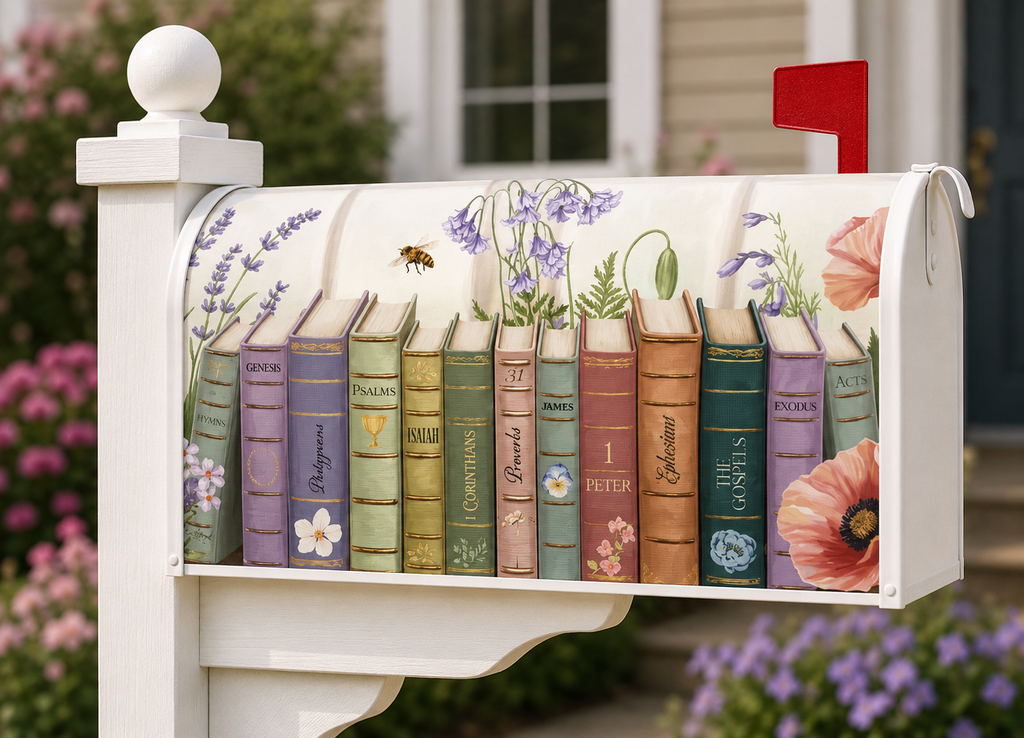 Holy Smoak Studios Books of the Bible literary bookshelf mailbox cover on white post, wholesale Christian décor