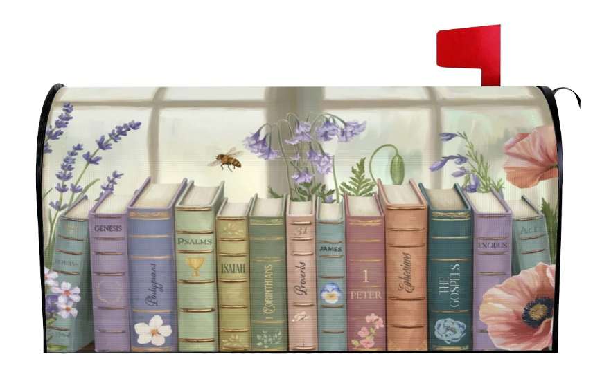 Books of the Bible colorful bookshelf mailbox cover right view, Holy Smoak Studios wholesale