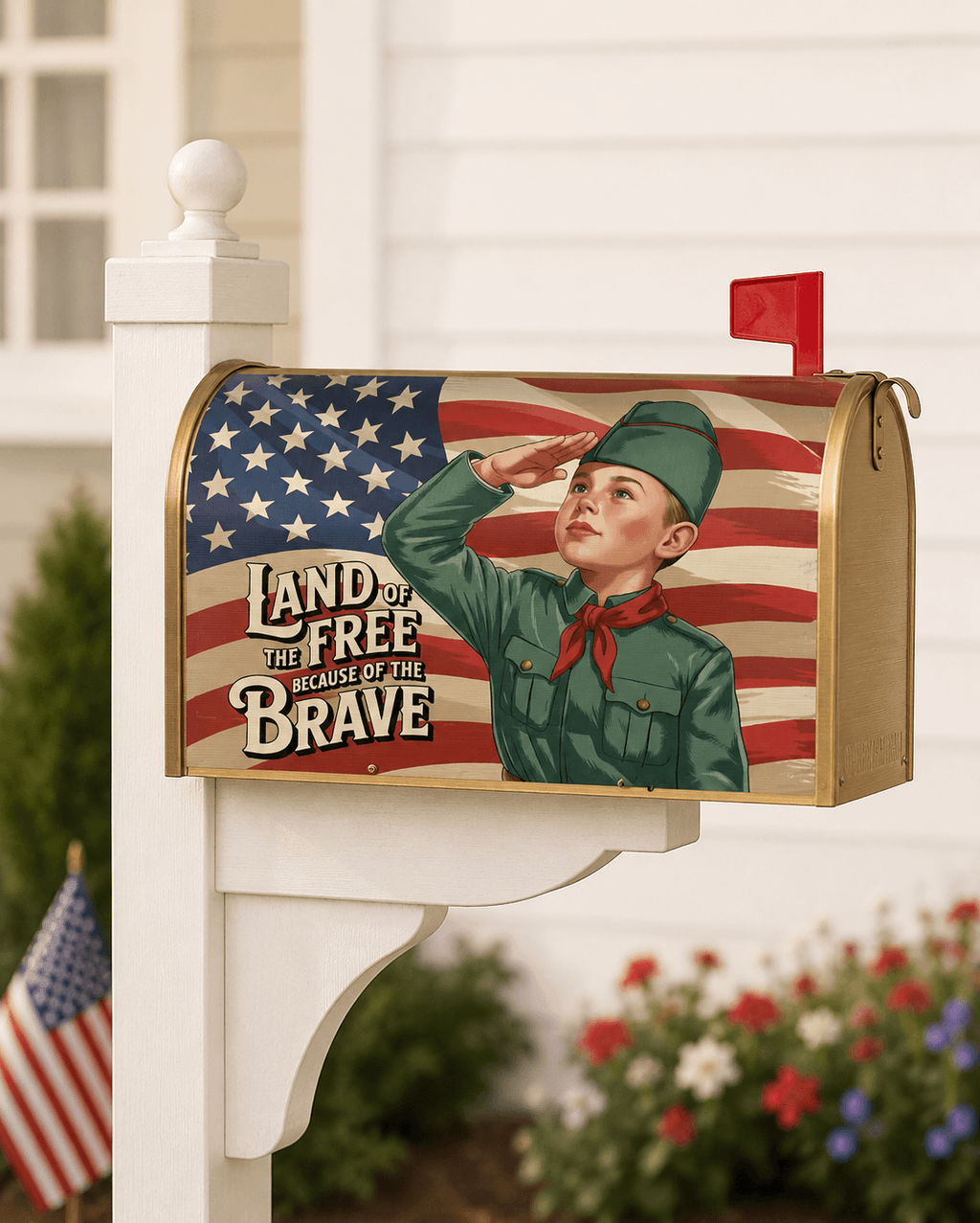 Holy Smoak Studios Land of the Free because of the Brave patriotic mailbox cover on mailbox post, wholesale Christian décor