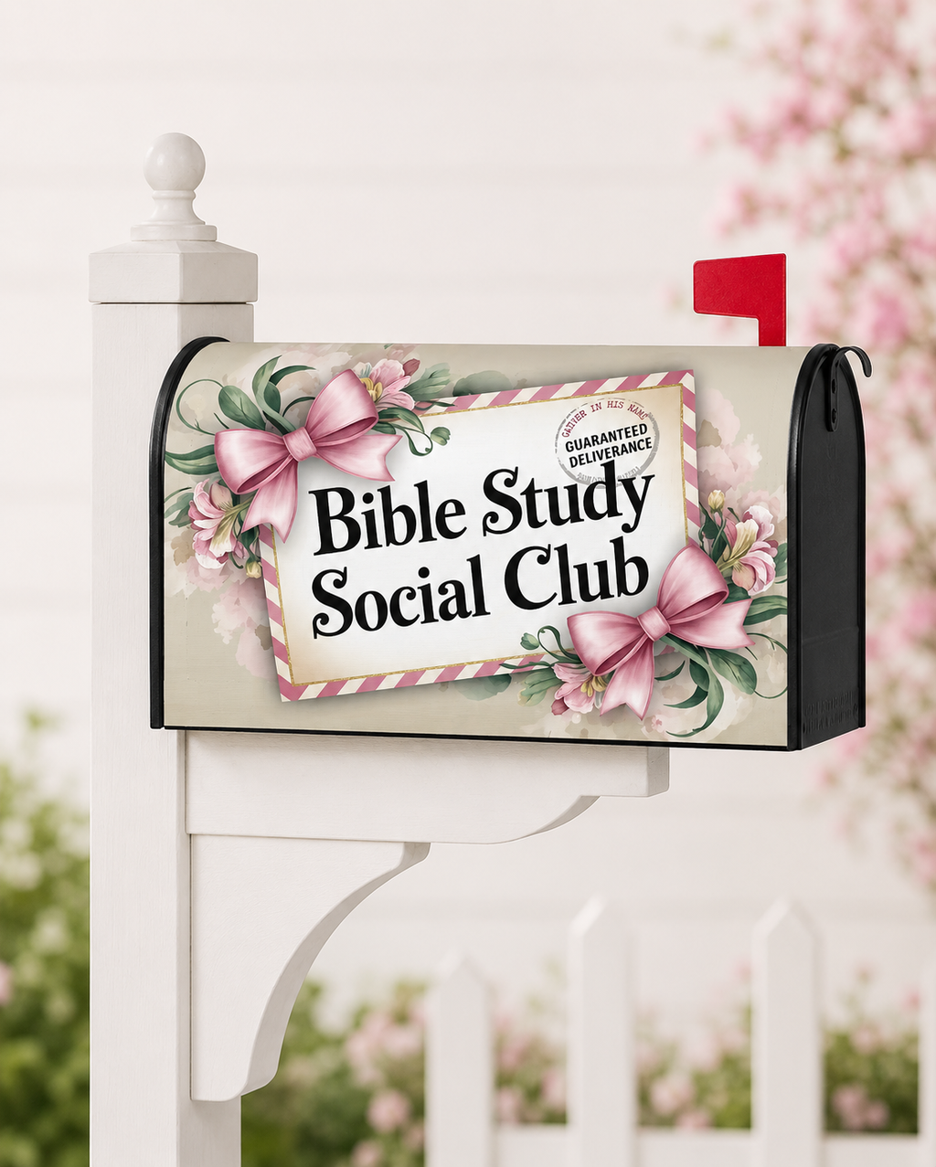 Bible Study Social Club grandmillennial coquette bows mailbox cover on black mailbox, Holy Smoak Studios wholesale