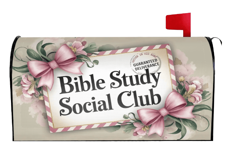 Holy Smoak Studios Bible Study Social Club Bows magnetic mailbox cover on red mailbox post, wholesale Christian décor