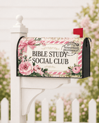 Bible Study Social Club grandmillennial floral mailbox cover on black mailbox, Holy Smoak Studios wholesale
