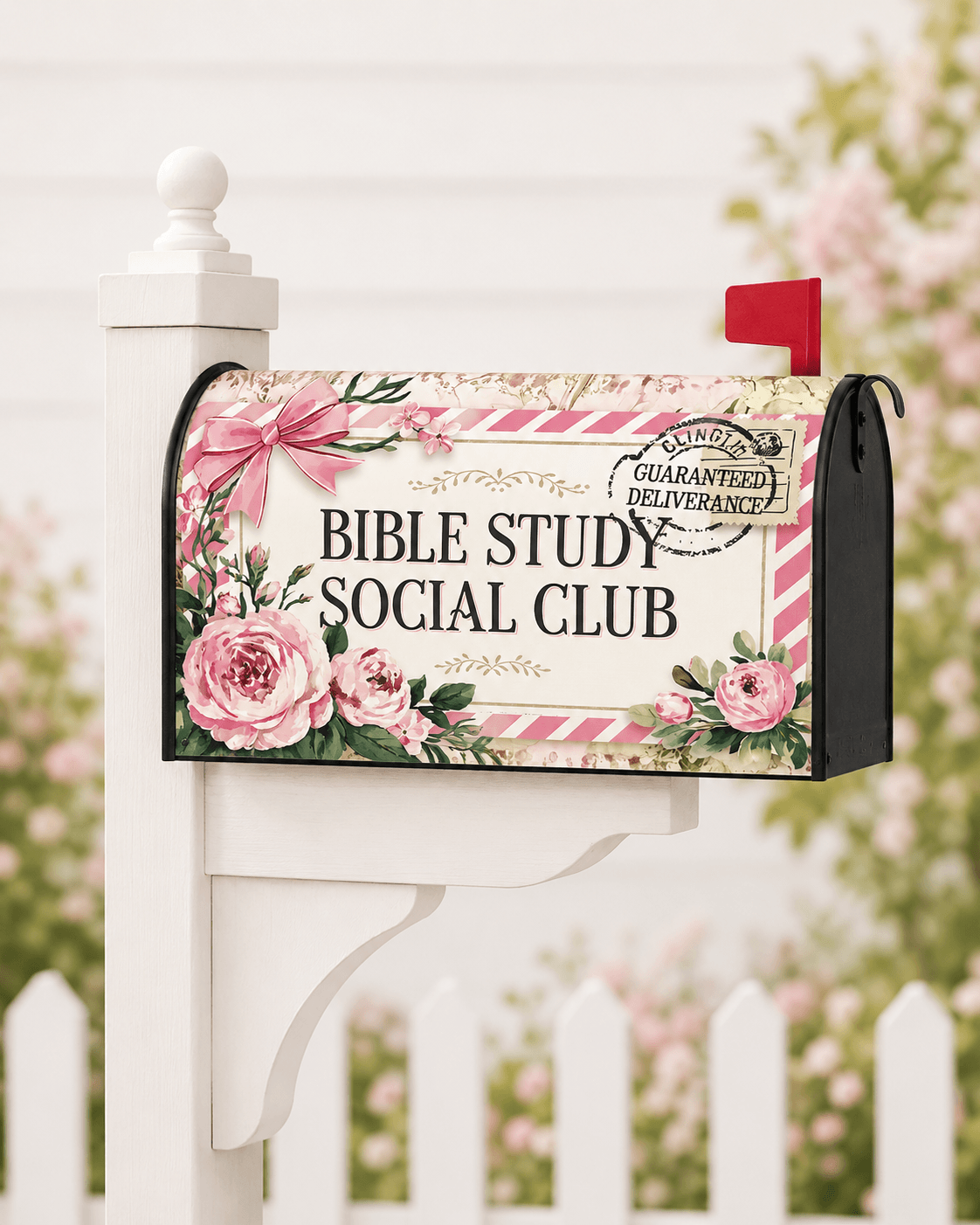 Bible Study Social Club grandmillennial floral mailbox cover on black mailbox, Holy Smoak Studios wholesale