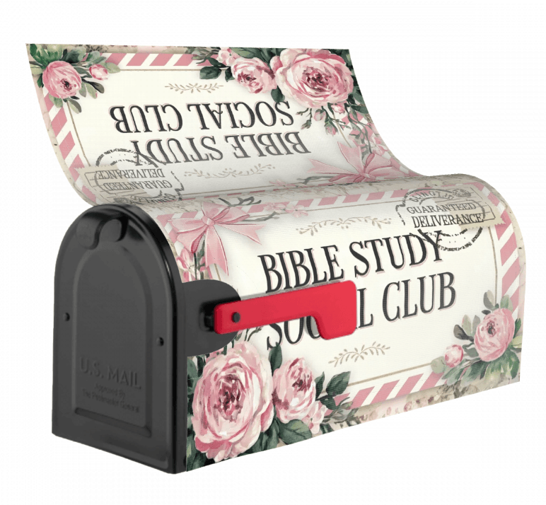 Holy Smoak Studios Bible Study Social Club rose floral mailbox cover on classic red flag mailbox, wholesale