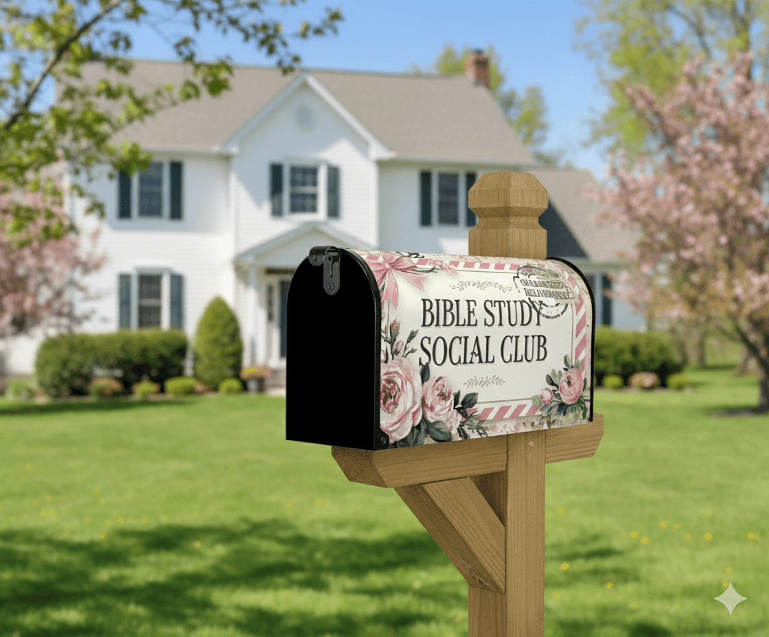 Holy Smoak Studios Bible Study Social Club Floral magnetic mailbox cover on home exterior, wholesale Christian décor