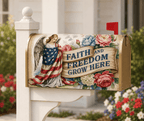 Faith and Freedom Grow Here Americana angel design magnetic mailbox cover, Holy Smoak Studios wholesale
