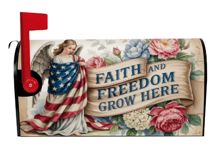 Faith and Freedom Grow Here patriotic magnetic mailbox cover on mailbox left view, Holy Smoak Studios wholesale