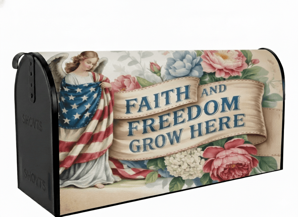 Holy Smoak Studios Faith and Freedom Grow Here faith-inspired patriotic mailbox cover displayed on white mailbox post