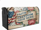 Holy Smoak Studios Faith and Freedom Grow Here faith-inspired patriotic mailbox cover displayed on white mailbox post