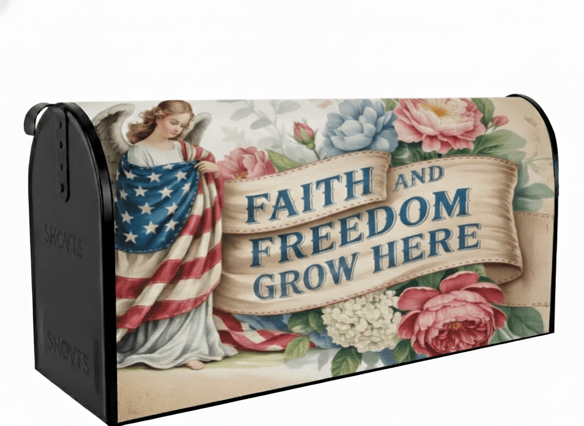 Holy Smoak Studios Faith and Freedom Grow Here faith-inspired patriotic mailbox cover displayed on white mailbox post
