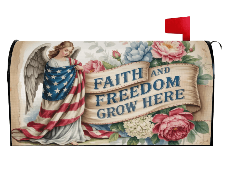 Faith and Freedom Grow Here patriotic magnetic mailbox cover right view, Holy Smoak Studios wholesale Christian décor