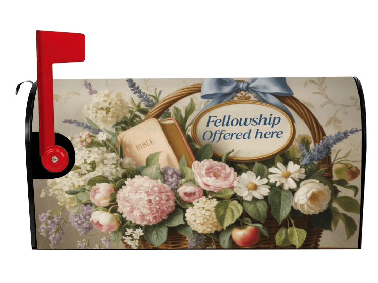 Fellowship Offered Here cottagecore floral mailbox cover left view, Holy Smoak Studios wholesale