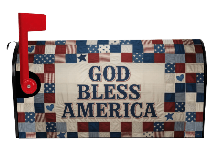God Bless America quilt-inspired patriotic mailbox cover left view, Holy Smoak Studios wholesale