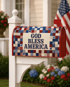 Holy Smoak Studios God Bless America quilt-inspired magnetic mailbox cover on mailbox post, wholesale