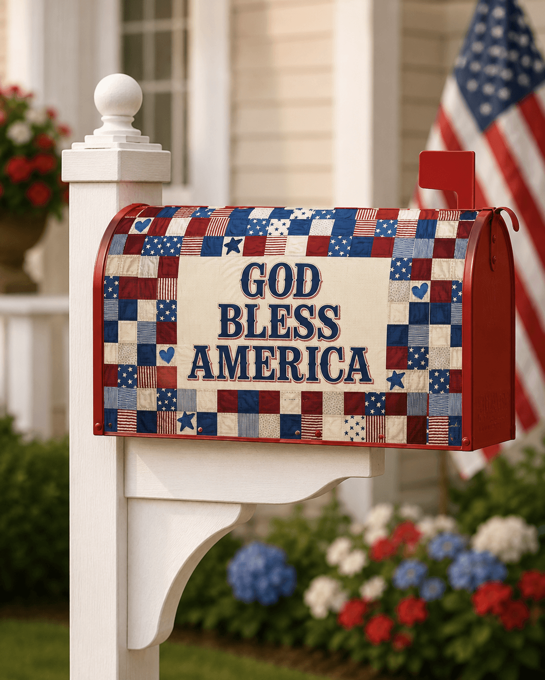 Holy Smoak Studios God Bless America quilt-inspired magnetic mailbox cover on mailbox post, wholesale